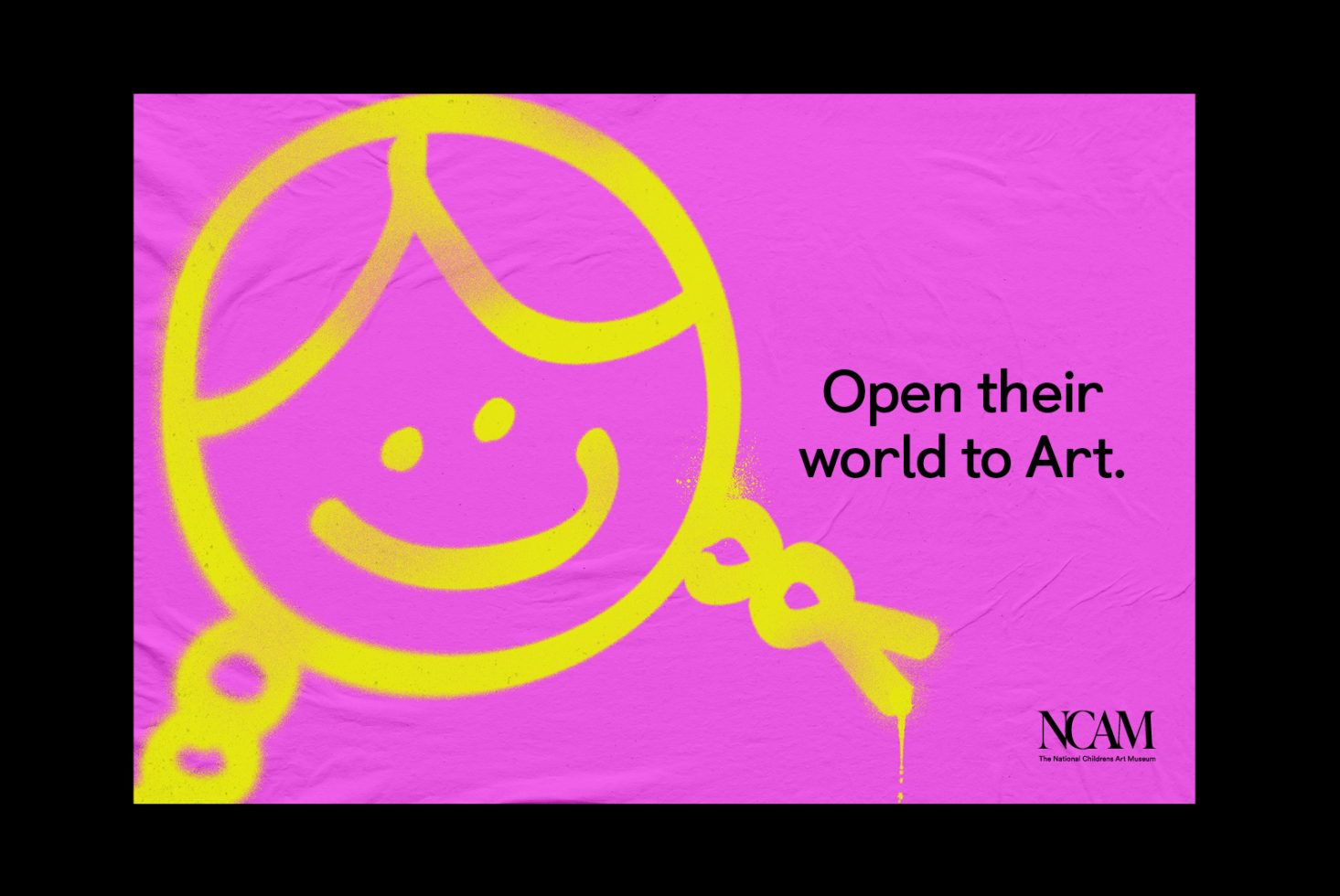 Graphic template with yellow smiley face stencil and slogan on pink background for art, museum, and education-themed design projects.